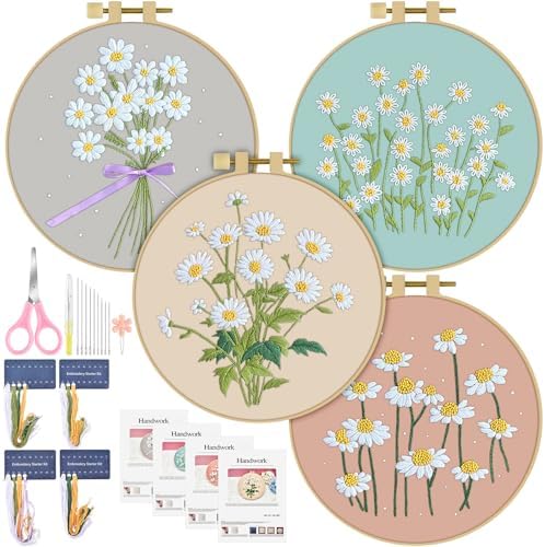 ERKOON 4 Set Embroidery Kit for Beginners, Cross Stitch Set Include Embroidery Cloth Hoops Threads for Craft Lover Hand Stitch with Embroidery Skill Techniques (Daisy) by ERKOON