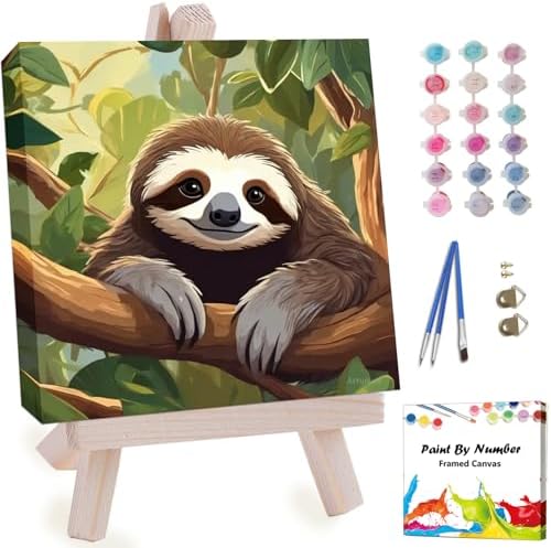 Artunion Framed Paint by Numbers Kit for Adults Beginners & Kids Ages 8-12,Cute Sloth Paint by Number with Frame,Animal Paint by Numbers Kit on Canvas 10 * 10 Inch Without Easel by ArtunionDriect