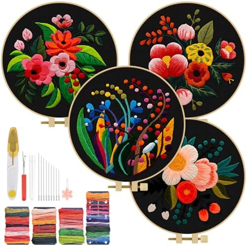 TINDTOP 4 Pack Embroidery Kit for Adult, Embroidery DIY Starter Kit, with Stamped Patterns, Hoop, Tools, Colorful Threads with Needles, Instructions by TINDTOP