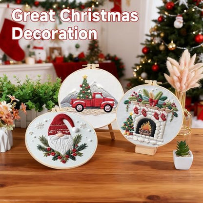 BBLYBD Christmas Embroidery Kit, 4 Set Embroidery DIY Starter Kit, Cross Stitch Kits with Pre-Printed Embroidery Fabric, Hoops, Step-by-Step Instructions, Color Threads & Needles (Christmas-4 Set) - Image 4