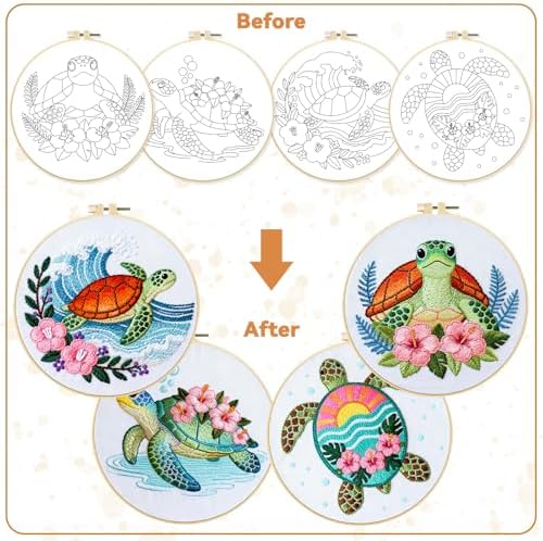 BEUNITONE 4 Sets Sea Turtle Embroidery Kits for Beginners DIY Craft Kits for Adults with Printed Patterns, Hoops and Instructions, Hibiscus Flower Needlepoint Kits for Clothing and Home Decor - Image 4
