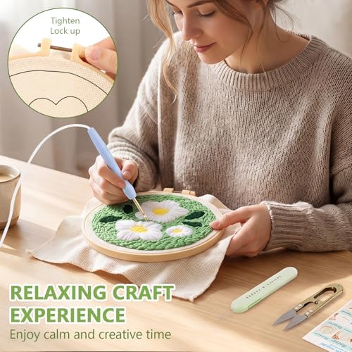JITIERYALO Punch Needle Kit for Beginners, Green Floral Embroidery Starter Set with Hoop, Patterned Fabric, Punch Needle and Yarn for DIY Needlework Crafts - Image 4