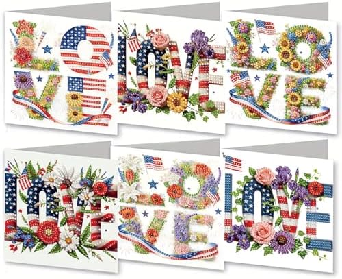 6Pcs 4th of July Diamond Art Greeting Card Kits with Envelopes Foldable Patriotic 5D Rhinestone Painting Card Mosaic Craft Kit for Independence Day Holiday Blessings Gift-LOVE by ARTopet