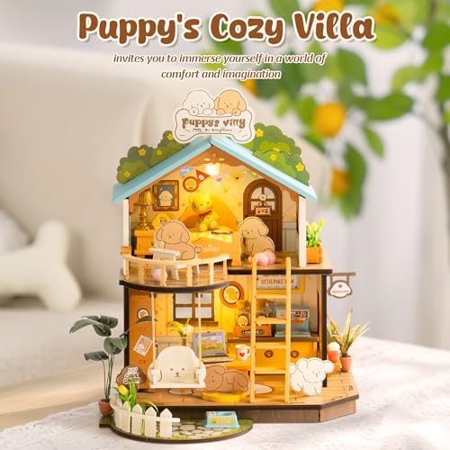 ROBOTIME DIY Miniature House Kit, Mini Wooden Dollhouse Diorama Model, Tiny House Building Kits,Birthday Christmas Craft Hobbies Gift for Teens Kids and Friends（Puppy's Cozy Villa） - Image 5