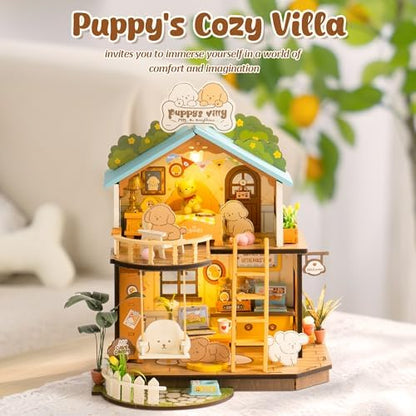ROBOTIME DIY Miniature House Kit, Mini Wooden Dollhouse Diorama Model, Tiny House Building Kits,Birthday Christmas Craft Hobbies Gift for Teens Kids and Friends（Puppy's Cozy Villa） - Image 5