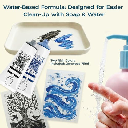 47 Pcs Linocut Kit for Printmaking, Block Printing Kit with 2 Washable Inks (Black & Blue), 4 Rubber & 4 PVC Blocks, Premium Rubber Brayer, Linocut Carving Tools - Stamp Making Kit for Beginners - Image 3