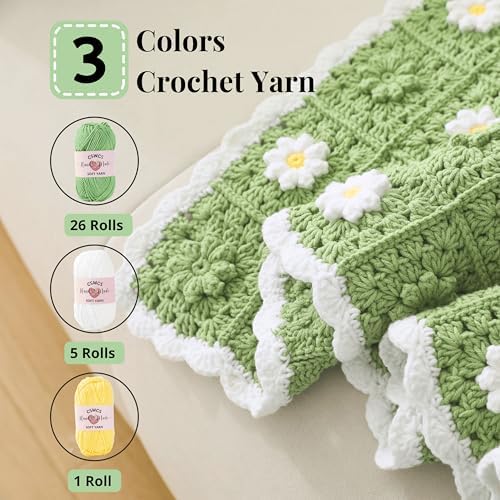CSWCS Crochet Blanket Kit for Beginners, Daisy Granny Square Throw Kit for Adults, Easy Learn How to Knitting with Yarn & Hook, Complete Starter Set with Step-by-Step Instructions (47" x 39") - Image 2