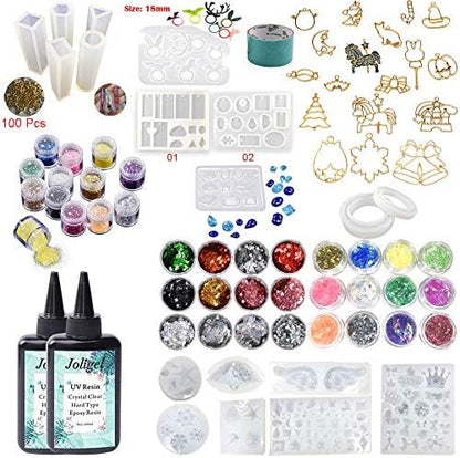 200ml Crystal Clear UV Epoxy Resin Sunlight Curable 18 Molds 17 Bezels 36 Holographic Decorations Resin Crafts Kit with Eyelets for Jewelry Making Bracelets Pendants Rings Keychains Charms Necklaces by VidaRosa