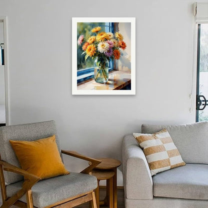 Floral Still Life Paint by Numbers Kit for Adults - DIY Colorful Gerbera Daisies in Jar by Window Painting on Canvas 16x20 Inches, Acrylic Paint Set for Beginners, Art for Home Decoration or Gifts - Image 4