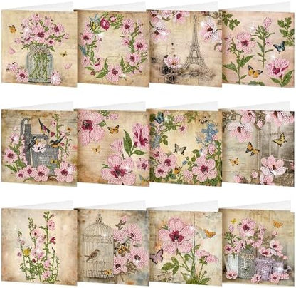 Saillong 12 Pack Vintage Floral Diamond Painting Greeting Card Kits Retro French Flower Diamond Art Cards with Envelopes Pink Flowers 5D Rhinestones Painting Kit for Adult DIY Craft Family Friend Gift by Saillong