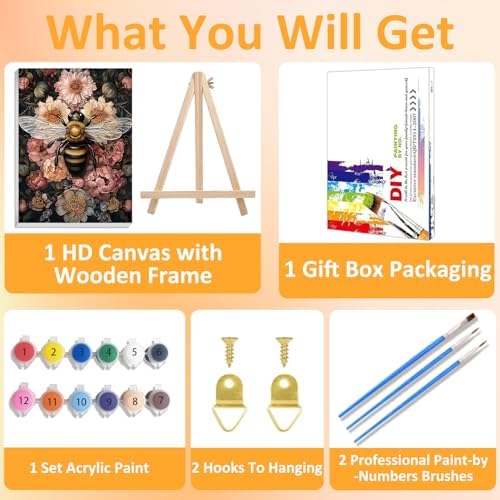 Framed Paint by Numbers Kit for Adults with Wooden Easel, Bee, 16x20 inch - Image 4