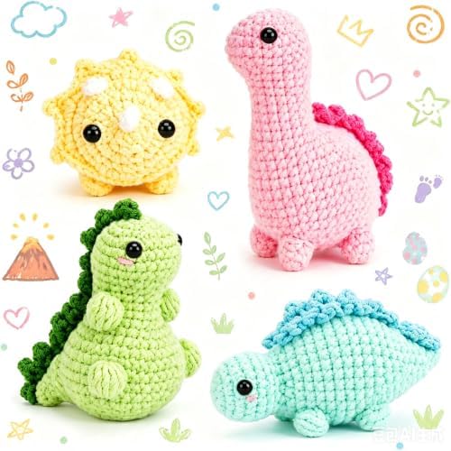 Crochetta Crochet Kit for Beginners, 4 PC Dinosaur Family (40%+ Yarn) by Crochetta