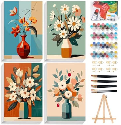 4 Pack Framed Paint by Numbers Kit for Adults with Wooden Easel, 8x12 Inch by Offito