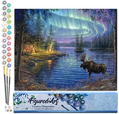 Figured'Art Paint by Numbers for Adults Moose and Aurora Borealis 16"x20" - Craft Art Painting DIY Kit Rolled Canvas Without Frame by FiguredArt