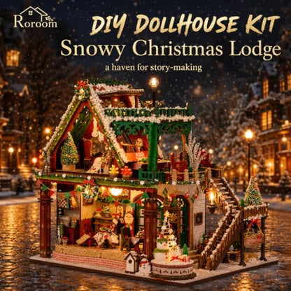 Roroom DIY Miniature House Kit, Snowy Christmas Lodge Dollhouse Kit - Image 4