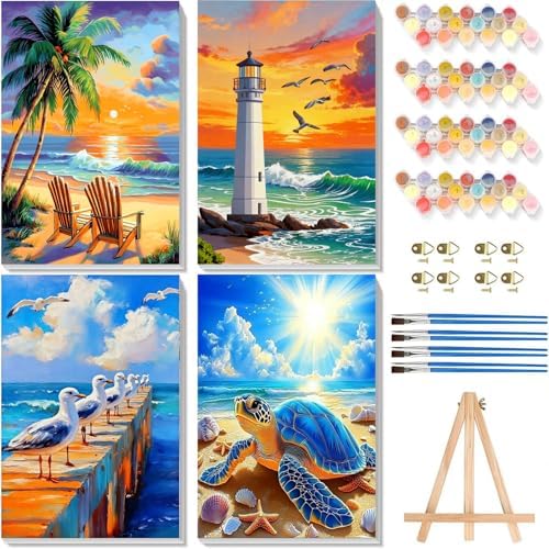 4 Pack Beach Paint by Numbers for Adults with Framed Canvas 8x12 inch by Arttoplus