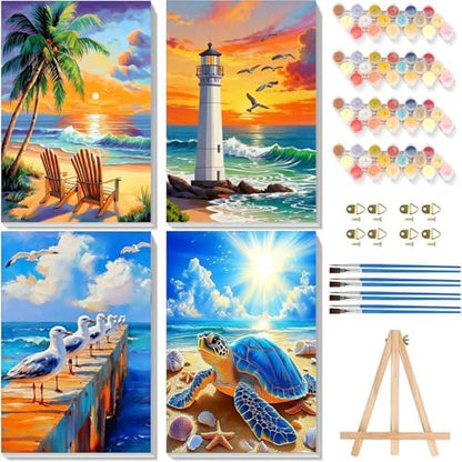 4 Pack Beach Paint by Numbers for Adults with Framed Canvas 8x12 inch by Arttoplus