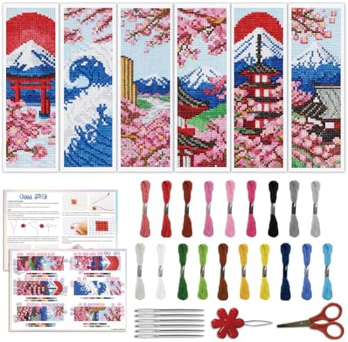 ACRNIGHEET 6PCS Stamped Cross Stitch Bookmark Kit for Beginners Japanese by ACRNIGHEET
