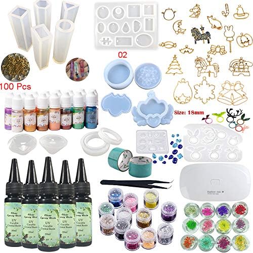 Clear Resin Kit with Pigment & Molds & UV Light, 5 Epoxy Resin 15 Pearlescent Color Pigments 24 Glitters & Flowers 31 Molds & Bezels, Earrings Bracelets Rings Pendants Jewelry Making, with Tweezers by Joligel