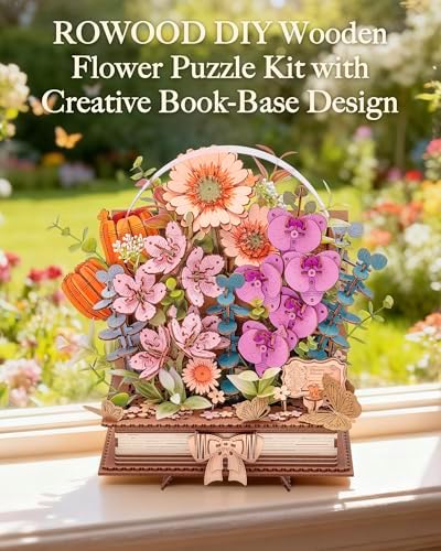 Rowood 3D Puzzle,Mothers Day DIY Wooden Flower Craft Kits for Adults,Botanical Collection Home Decor, Valentine's Day/Christmas/Birthday Gift-Wooden Blooming Book - Image 2