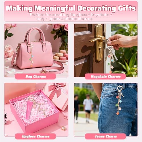 Modacraft 617 Pcs Charms Lip Gloss Keychain Making Kit, DIY Bag Charm Kit Including 32 Key Chain Hooks 35 Extender Chains 308 Charms 200 Jump Rings 20 Lobster Clasps 20 Gift Bags for Craft Supplies - Image 6