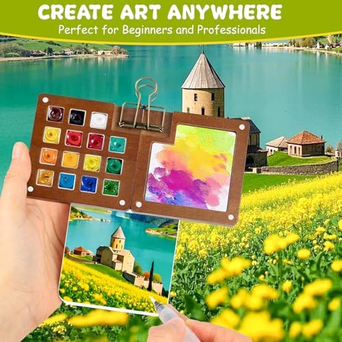 Mini Watercolor Travel Set, 24 Colors Pocket Watercolor Paint Kit with Walnut Wood Palette, 2 Sketchbooks, 5 Brushes & Carry Bag – Portable Art Supplies for Beginners, Artists and Outdoor Sketching - Image 2