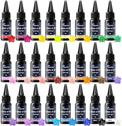UV Resin, 24 Colors UV Curable Hard Resins, Colored & Fast Curing&Odorless and Clear UV Resins kit for Crafts, Jewelry Making, Colored Resin Casting and Coating (20g/0.68oz Each) by Unknown