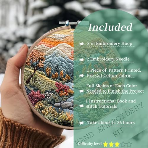 FONNUY Embroidery Kit for Beginners, Boho Nature Landscape Pre-Stamped Pattern Kits for Adults with Hoop, Easy to Follow Color Thread Needlework, 8'' Hoop (Mountain Stream) - Image 4