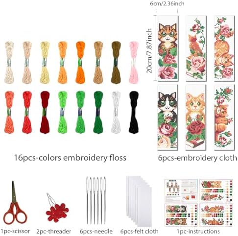 FREEBLOSS 6 Set Cat Cross Stitch Bookmark Kits Rose Pattern Stamped Cross Stitch Kit DIY Embroidery Kit Bookmark Craft Kit with Instructions for Beginners 6x20cm - Image 2