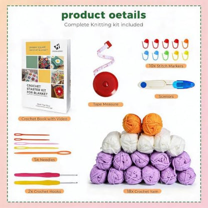 HHSarioneiro Crochet Blanket Kit for Beginners, Easy Granny Square Crochet Kit for Adults,with Step-by-Step Instructions and Clear Videos, Includes Multiple Accessories, Gift for Craft Lovers (Purple) - Image 2