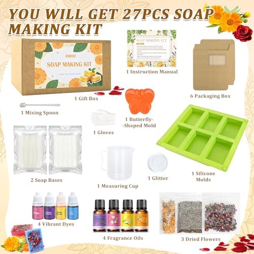 ZQBQC Soap Making Kit, Soap Making Kit for Adults Beginners, DIY Craft Supplies with Shea Butter Glycerin Melt and Pour Soap Base, Molds, Fragrances, Dried Flowers, Soap Craft Set for Adults and Kids - Image 2
