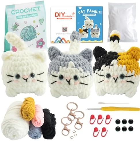 Linhao Jew Crochet Kit for Beginners – Cat Crochet Kit Keychain with Pre-Started Easy Yarn, Step-by-Step Video Tutorials for Adults DIY Crafts (Kitten) by Linhao+Jew