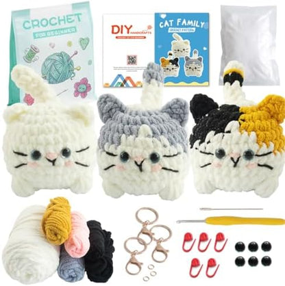 Linhao Jew Crochet Kit for Beginners – Cat Crochet Kit Keychain with Pre-Started Easy Yarn, Step-by-Step Video Tutorials for Adults DIY Crafts (Kitten) by Linhao+Jew