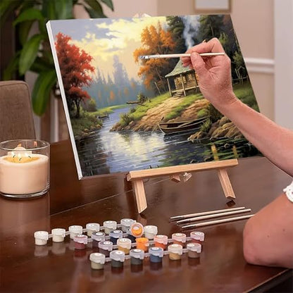 MaiMMaledy Paint by Numbers Kit for Adults Beginners 8Wx12L inch Canvas Pictures with Framed Drawing Painting Works with Wooden Triangle Easel Acrylic Pigment Riverside Cabin - Image 2