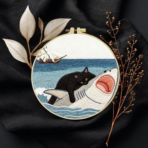 Black Cat Riding a Shark and a Sailboat Stamped Pattern Embroidery Kit for Beginners Adults Includes Cloth,Hoop,Color Threads,Needles and Instruction,Lover Hand Stitch with Embroidery Skill Techniques - Image 6