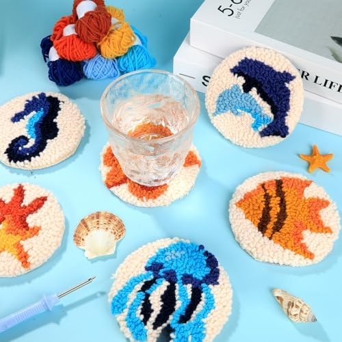 Ocean Punch Needle Coaster Kit for Beginners 6 Sea Animals Design Coasters Easy Punch Needle Embroidery Kit for Adults Kids DIY Tufted Pads with Adhesive Felt Yarns Tools Embroidery Hoop Instruction - Image 5