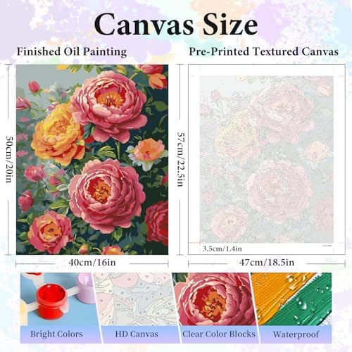 Paint by Numbers Kit for Adults, Peony Flowers Number Painting Canvas Kit - Image 3