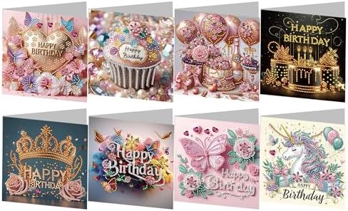8 Pack 5D DIY Diamond Painting Cards Kit, Diamond Art Birthday Holiday Greeting Card, Art Crafts Kit Creative Gift with Envelope, Card Making Kits for Adults, Birthday by Unknown