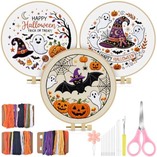 TINDTOP Halloween Embroidery Kit for Adult, 3 Pack Embroidery DIY Starter Kit, with Stamped Patterns, Hoop, Tools, Colorful Threads with Needles, Instructions by TINDTOP
