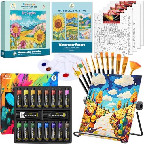 52 PCS Complete Watercolor Paint Set, Art Paint Kit with 18 Larger Tubes by welcome
