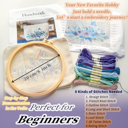 FONNUY Embroidery Kit Makeup Bag for Beginners, Flowers Pre-Stamped Pattern Handbag Coin Purses Making Kits for Adults with Hoop, Easy to Follow Color Thread Needlework (Blue) - Image 5