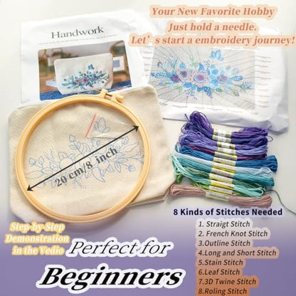 FONNUY Embroidery Kit Makeup Bag for Beginners, Flowers Pre-Stamped Pattern Handbag Coin Purses Making Kits for Adults with Hoop, Easy to Follow Color Thread Needlework (Blue) - Image 5