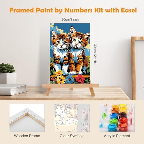 MOGTAA Paint by Numbers Kit for Adults with Frame, Cat Paint by Number Canvas, Flowers Scenery Paint by Numbers with Easel, DIY Animal Oil Painting Kit for Home Wall Decor 8 x 12 Inch - Image 2