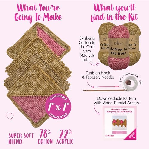 Tunisian Crochet Dishcloth Kit for Beginners - Camel Brown + Flamingo Pink - Image 3