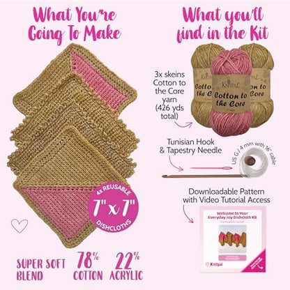 Tunisian Crochet Dishcloth Kit for Beginners - Camel Brown + Flamingo Pink - Image 3