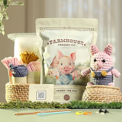 Amigurumi Crochet Kit with Step-by-Step Video Tutorials - Penny the Pig by HearthHarbor
