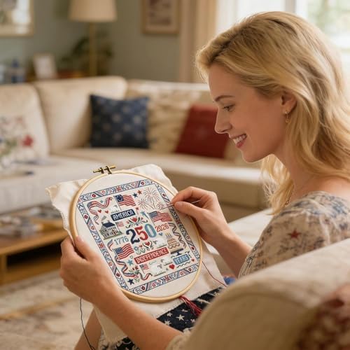 USA 250th Anniversary Cross Stitch Kit 9.8 x 9.8 Inch, 1776-2026 Patriotic Embroidery Kit for Beginners Adults, DIY 4th of July Patriotic Needlepoint Set with Threads Needle Wall Decor Craft Gift - Image 5