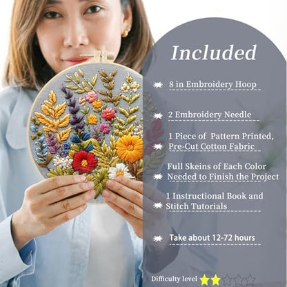 FONNUY Floral Embroidery Kit for Beginners, Colorful Flowers Pre-Stamped Pattern Kits for Adults with Hoop, Thread Needlework, 8'' Hoop (Daisy) - Image 2