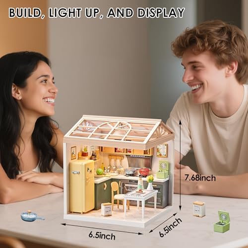 Modern Kitchen DIY Miniature House Kit with Roof & LED Light, Stackable & Connectable Dollhouse Kit with Dustproof Door, Creative DIY Crafts Building Toy Gift for Adults Teens - Image 6