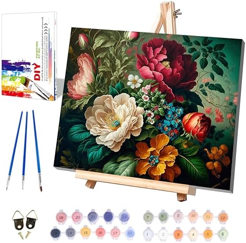 Peony Paint by Numbers for Adults with Framed Canvas - with Wooden Easel by xackcme